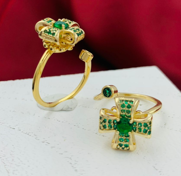 ANILLO RODIO GIRATORIO CRUZ CIRCON VERDE DORADO