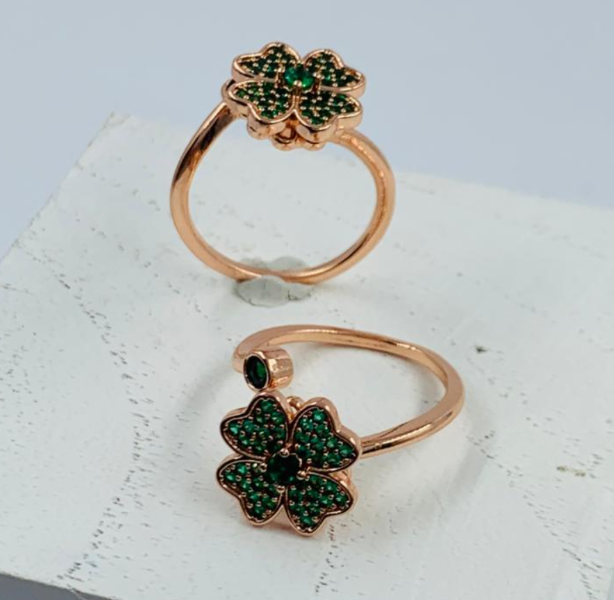 ANILLO RODIO GIRATORIO TREBOL CIRCON VERDE ROSA