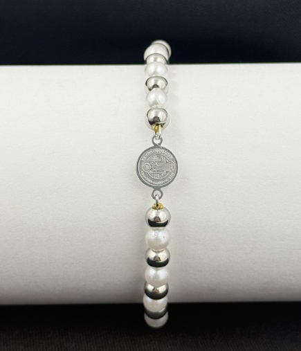 PULSERA RODIO PLATEADO PERLA MEDALLA