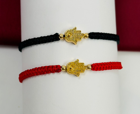 PULSERA RODIO TEJIDA MANO NEGRO Y ROJO
