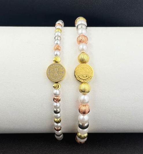 PULSERA RODIO PERLA 3 OROS MEDALLA