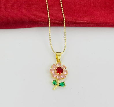 DUO RODIO FLOR ROSA CIRCONES HOJAS DORADO