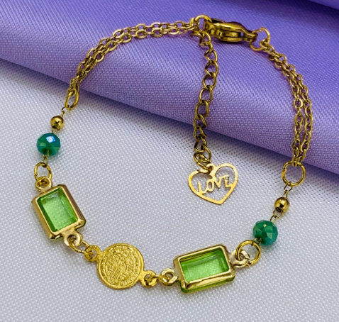 PULSERA ACERO INOXIDABLE DORADO VERDE