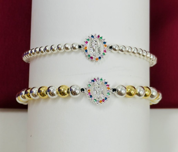 PULSERA RODIO BALIN PLATIZADO Y DORADO DIJE VIRGEN COLORES