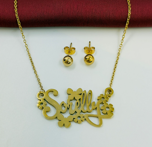 COMBO ACERO INOXIDABLE CADENA Y TOPOS NOMBRE SORELLY DORADO