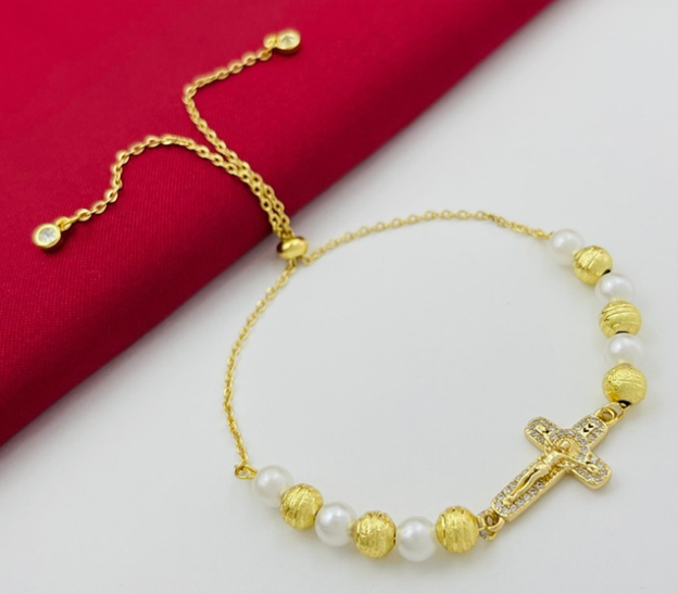 PULSERA RODIO DORADO PERLA CRUZ