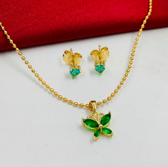 JUEGO RODIO MARIPOSA CIRCON VERDE DORADO