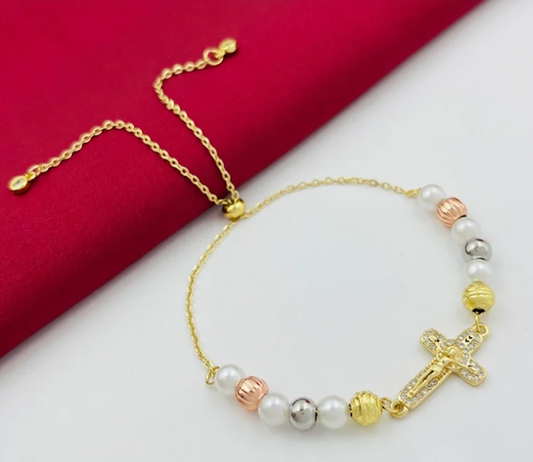 PULSERA RODIO 3 OROS CRUZ