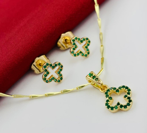 JUEGO RODIO VAN CLEF CIRCON VERDE DORADO PEQUE