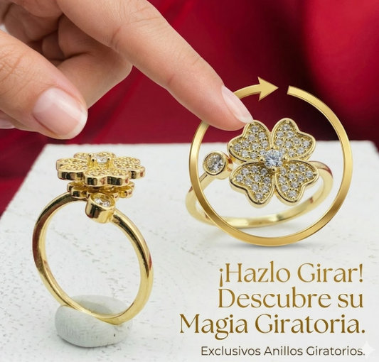 ANILLO RODIO FIRATORIO TREBOL 4 HOJAS CIRCON BLANCO DORADO