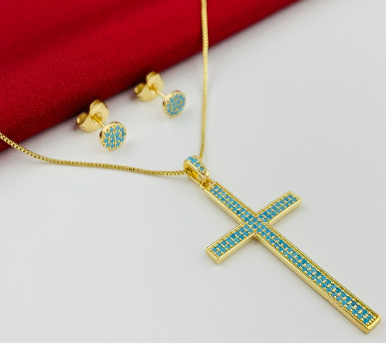 JUEGO RODIO CRUZ LARGA CIRCON AZUL