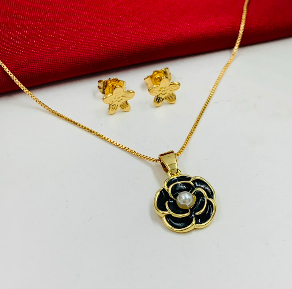 JUEGO RODIO FLOR PERLA NEGRO DORADO