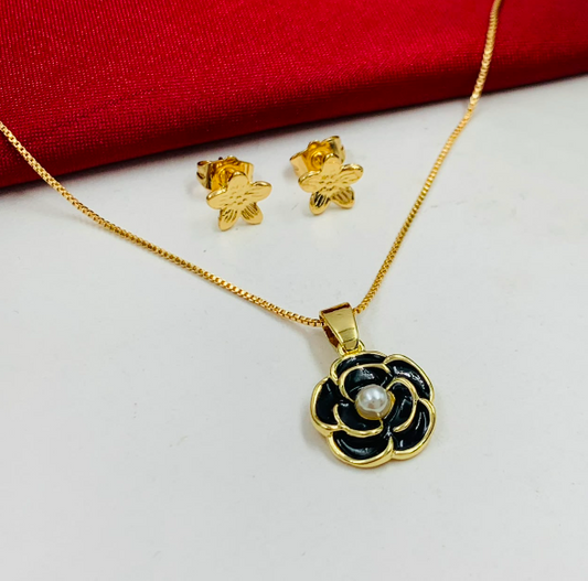 JUEGO RODIO FLOR PERLA NEGRO DORADO