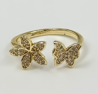 ANILLO RODIO MARIPOSA FLOR CIRCON DORADO