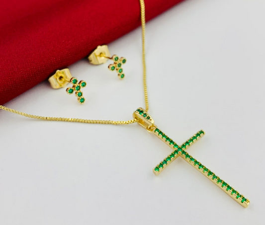 JUEGO RODIO CRUZ LARGA CIRCON VERDE