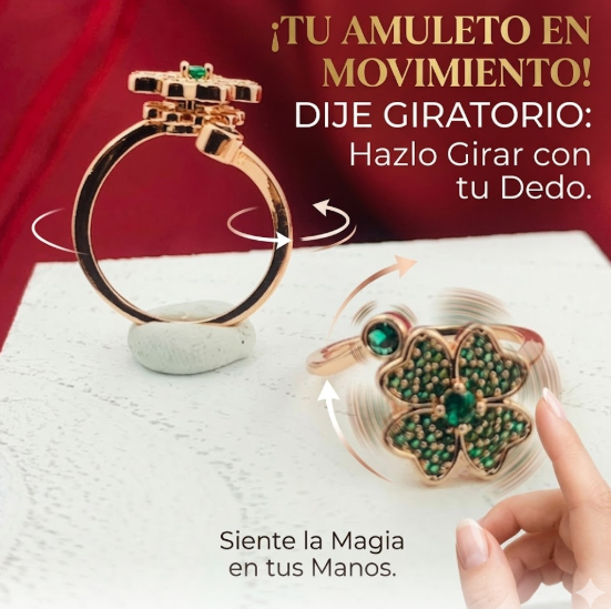 ANILLO RODIO GIRATORIO TREBOL 4 HOJAS CIRCON VERDE ROSA