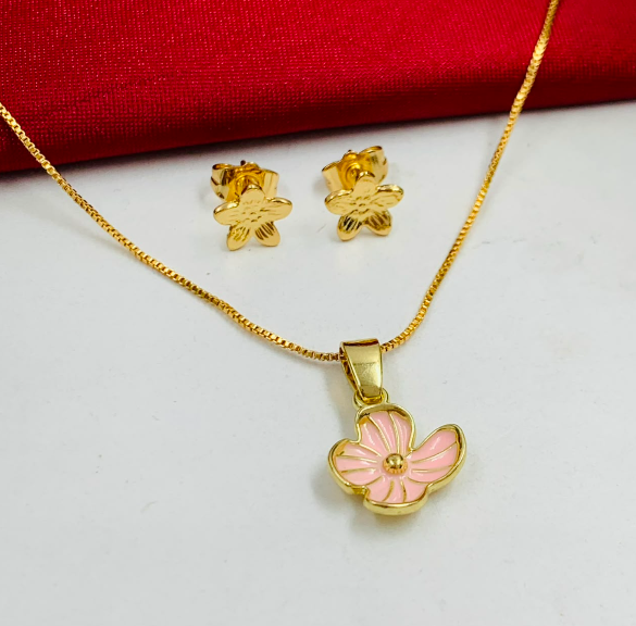 JUEGO RODIO FLOR HUECA ROSA DORADO