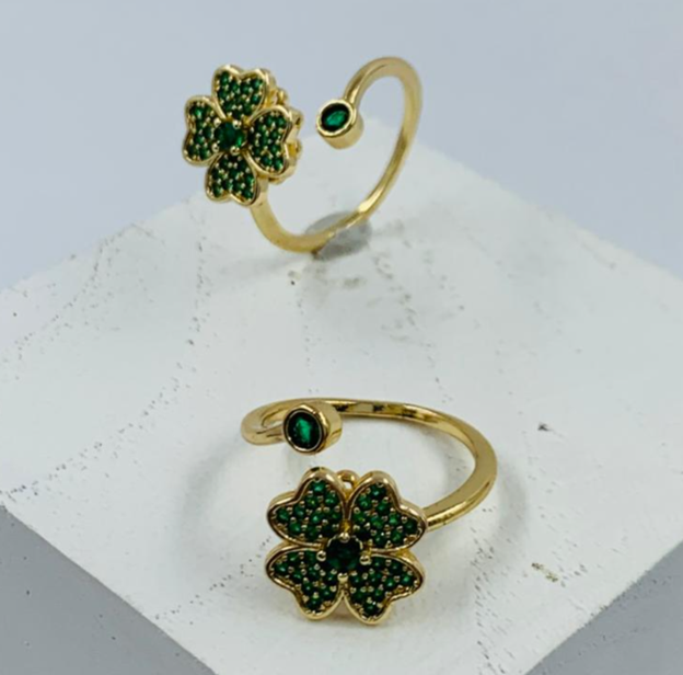 ANILLO RODIO GIRATORIO TREBOL CIRCON VERDE DORADO