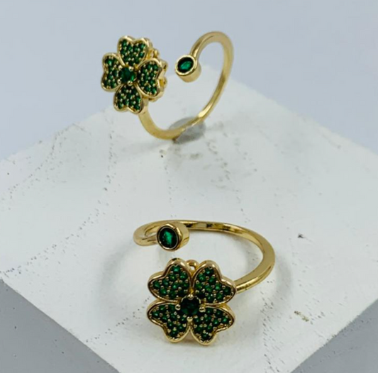 ANILLO RODIO GIRATORIO TREBOL CIRCON VERDE DORADO