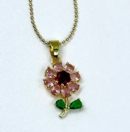 DUO FLOR ROSA CIRCON DORADO RODIO