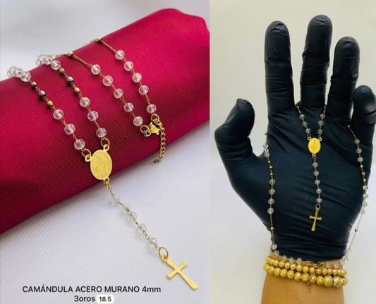 CAMANDULA MURANO BLANCO DORADO ACERO INOXIDABLE