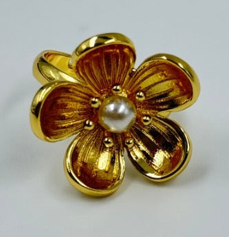 ANILLO RODIO FLOR PERLA DORADO