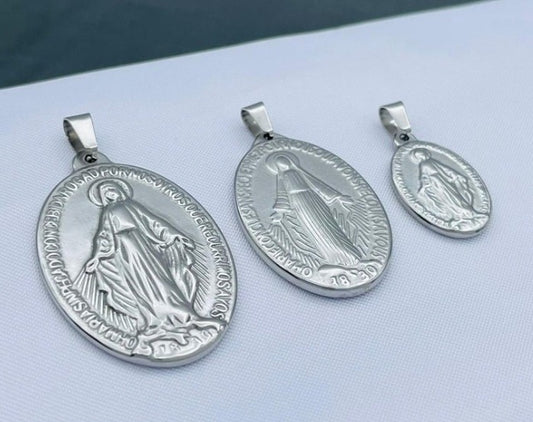 DIJE MEDALLA DE LA MILAGROSA VIRGEN PLATEADO ACERO INOXIDABLE