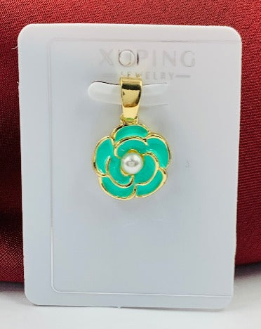 DIJE RODIO FLOR AGUA MARINA PERLA DORADO