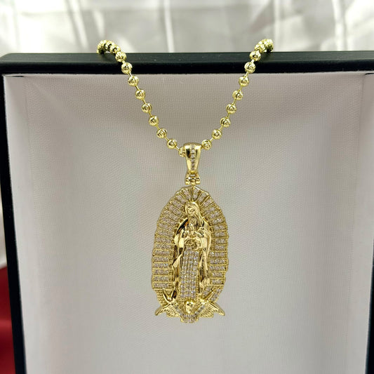 DUO RODIO VIRGEN GUADALUPE GRANDE CIRCONES CADENA MILITAR DORADO
