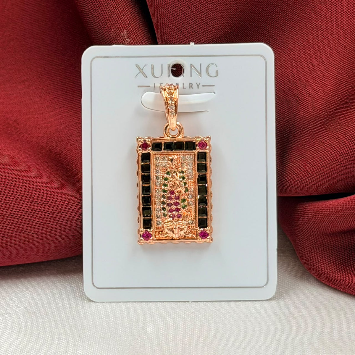 DIJE RODIO VIRGEN CUADRADA CIRCON COLORES ROSA
