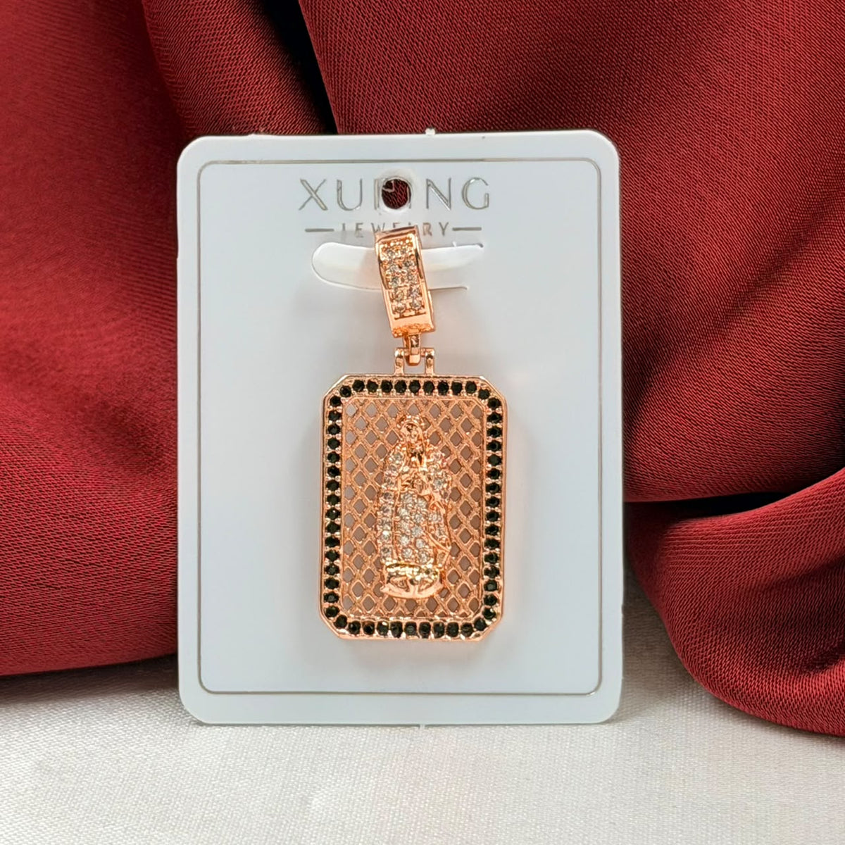 DIJE RODIO VIRGEN CUADRADA CIRCONES NEGRO ALREDEDOR ROSA