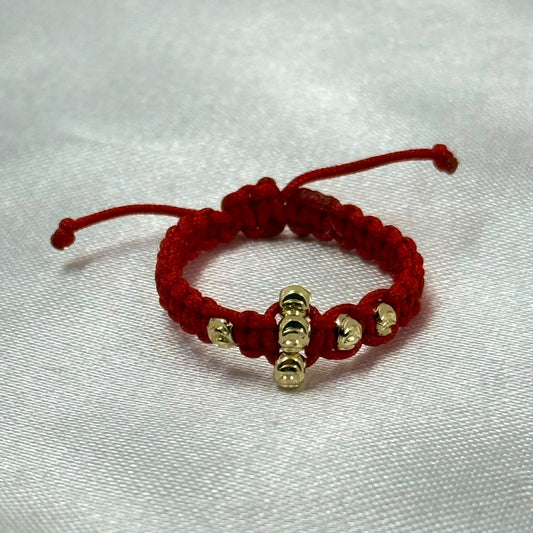 ANILLO RODIO TEJIDO ROJO CRUZ DIAMANTADO DORADO