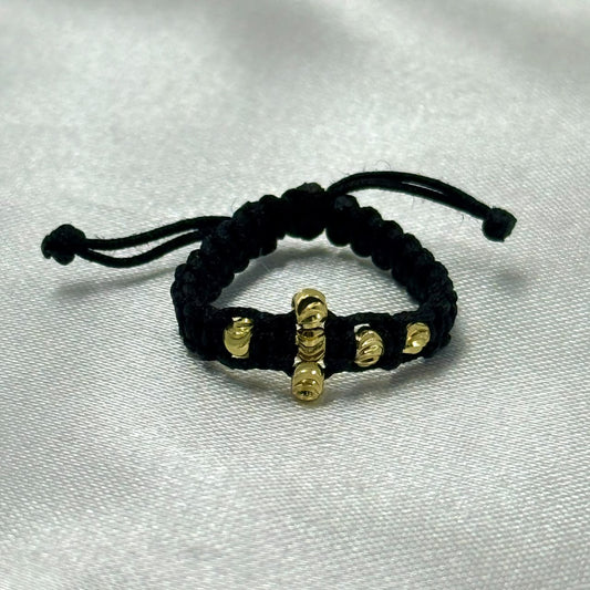 ANILLO RODIO TEJIDO NEGRO CRUZ DIAMANTADO DORADO