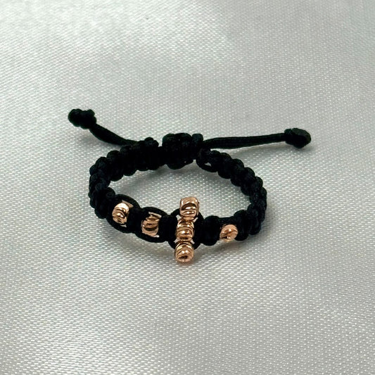 ANILLO RODIO TEJIDO NEGRO CRUZ DIAMANTADO ROSA