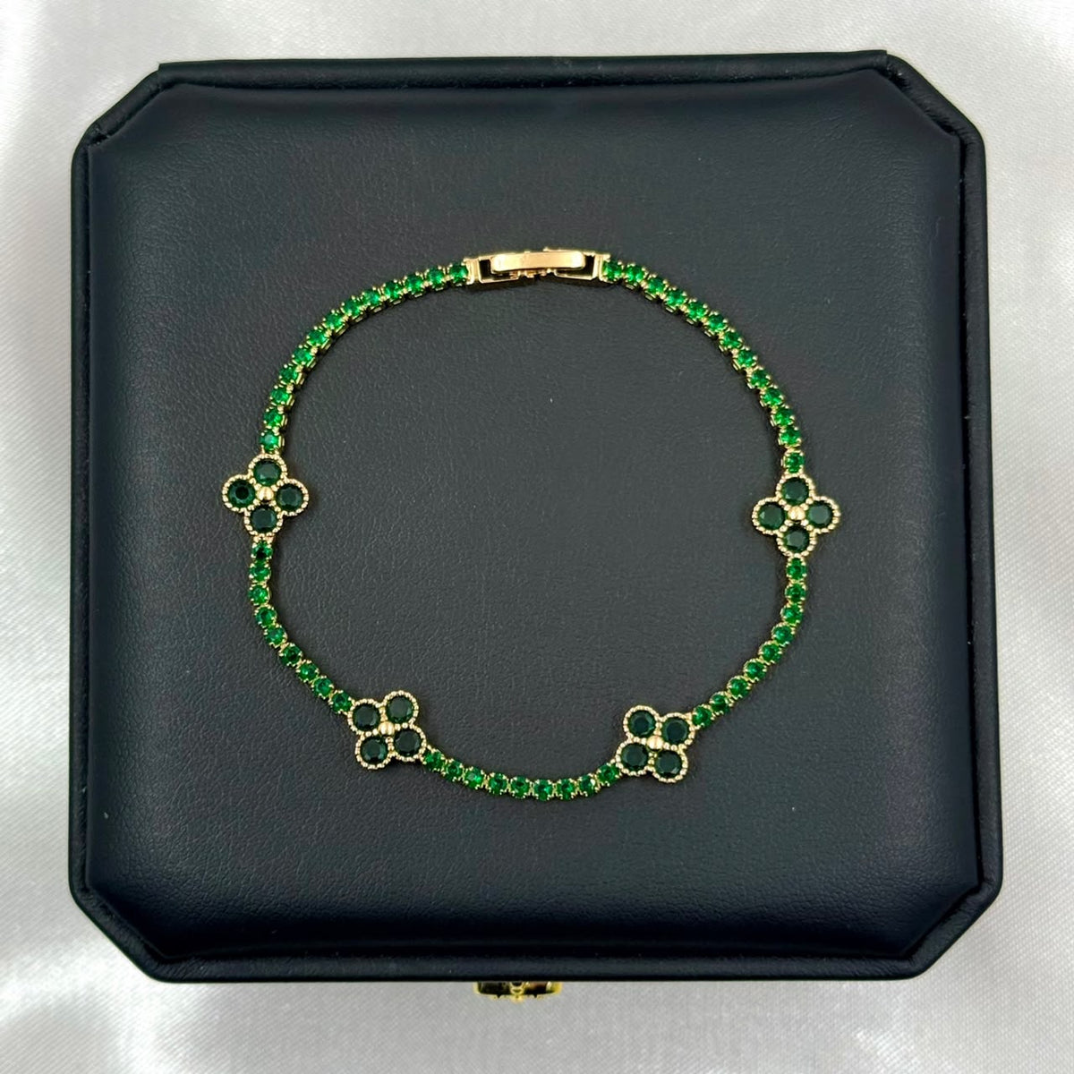 PULSERA RODIO TENIS VAN CLEF CIRCON VERDE DORADO