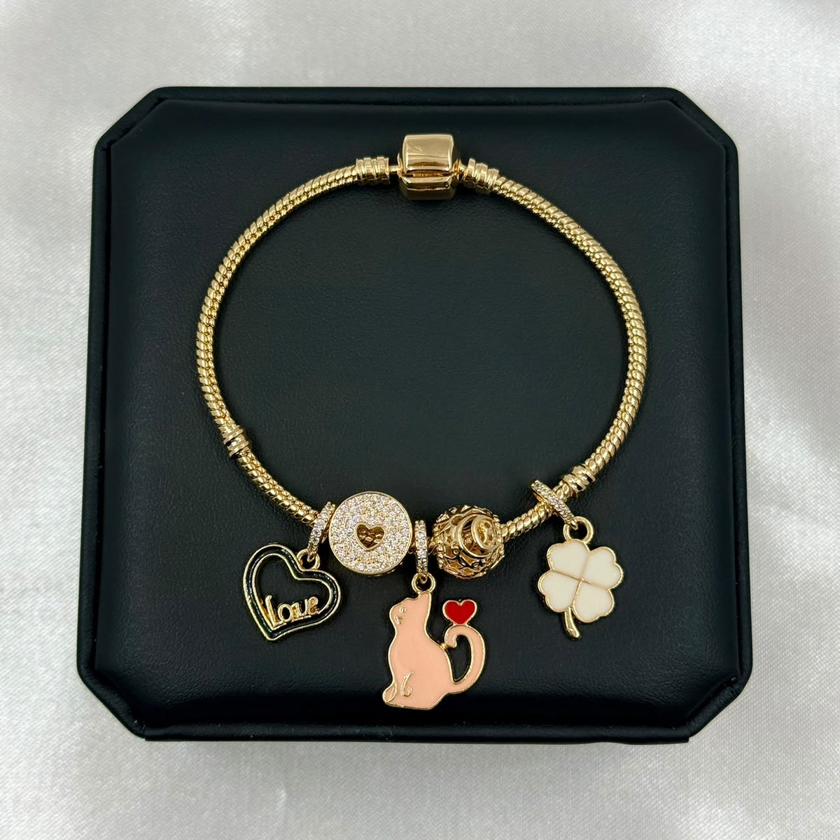 PULSERA RODIO PANDORA GATO CHARMS DORADO
